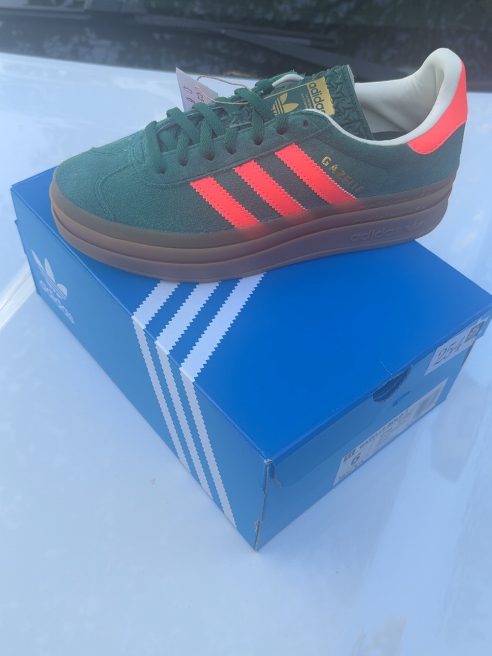 adidas Gazelle Sneaker - Dark Green with Neon Coral Stripes